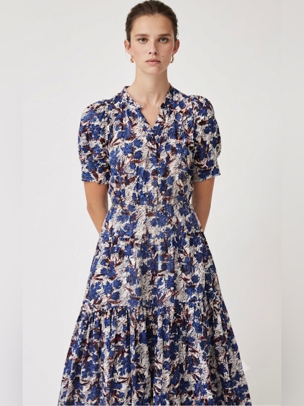 SUNCOO Paris Blue Floral Botanical Cotton Catlin Midi Dress size T2